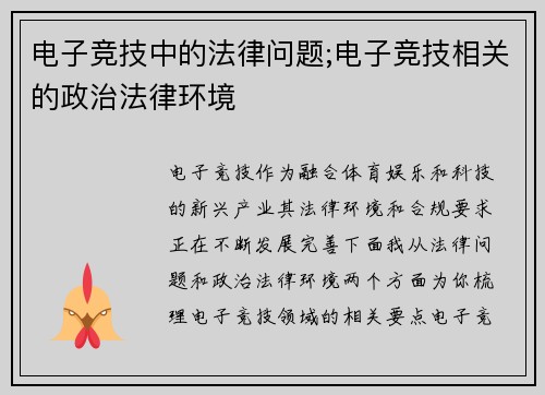 电子竞技中的法律问题;电子竞技相关的政治法律环境